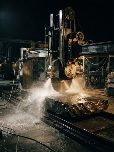 Dramatic low-key industrial photography of a massive bridge saw cutting a granite block with water spray, golden highlights reflecting off wet stone and polished steel, sharp contrast, 35mm