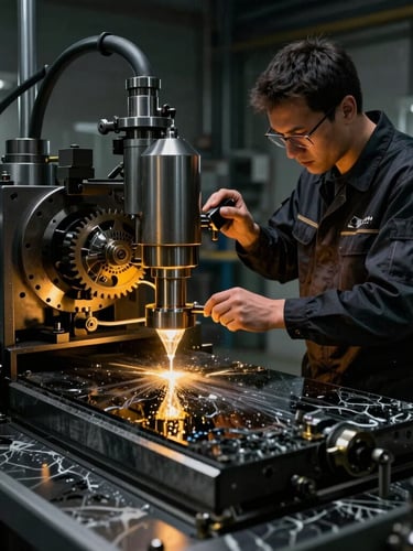 An expert engineer in dark industrial uniform calibrating a high-tech diamond cutter on a clean modern factory floor, dramatic low-key lighting with golden highlights, sharp focus on mechanical gears and water-cooled nozzles, 35mm