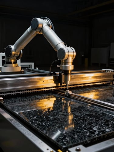wide environmental shot of a state-of-the-art robotic stone cutting cell, golden highlights reflecting off polished steel and wet black granite, dark background, 35mm