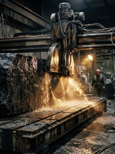 Dramatic industrial photography of a massive bridge saw cutting a block of raw granite, golden water spray highlights reflecting off wet stone, dark obsidian tones, 35mm