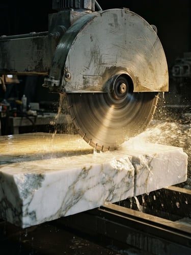Dramatic close-up of a massive industrial bridge saw cutting a block of white Calacatta marble, water spraying, golden light reflecting off the wet stone and steel blade, dark obsidian background, 35mm photography