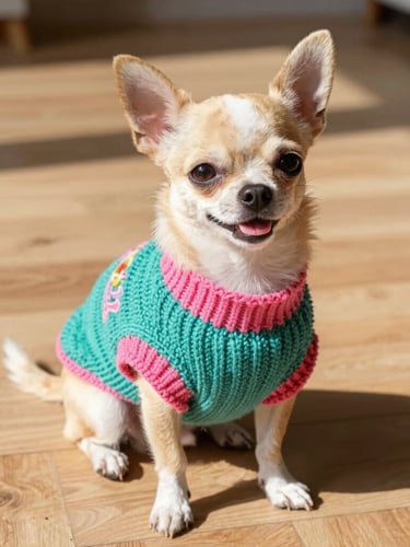 A happy small chihuahua wearing a colorful hand-knit teal and pink sweater, sitting on a sunlit wooden floor, bright natural daylight, 35mm photography