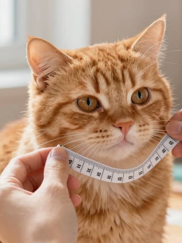 Close-up of hands holding a flexible sewing tape around a fluffy ginger cat's chest, bright natural daylight, warm and cozy workshop atmosphere