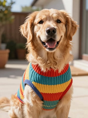 A happy fluffy golden retriever wearing a custom-tailored colorful knit sweater, sitting comfortably on a sunny patio, warm natural daylight, close-up eye-level shot