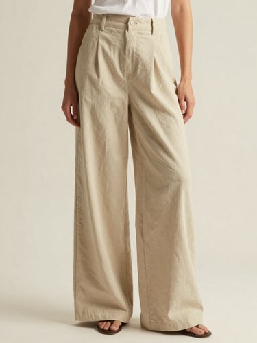 Model wearing wide-leg raw cotton trousers, soft diffused north-facing daylight, minimalist cream background, editorial fashion photography.