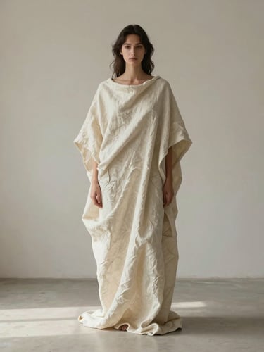 Wide editorial shot of a model draped in sculptural ivory organic linen, standing against a soft plaster wall in diffused morning light, minimalist composition with negative space.