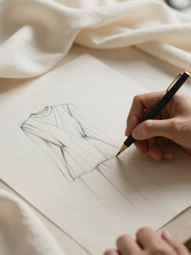 A designer's hands sketching a minimalist garment drape on textured paper, surrounded by swatches of ivory silk-linen fabric, soft warm daylight, close-up framing.