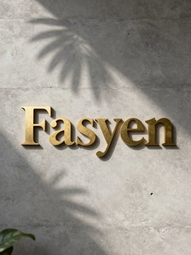 Close-up portrait of a minimalist concrete wall with soft shadow of a tropical leaf, elegant brass signage of Fasyen, diffused morning light.
