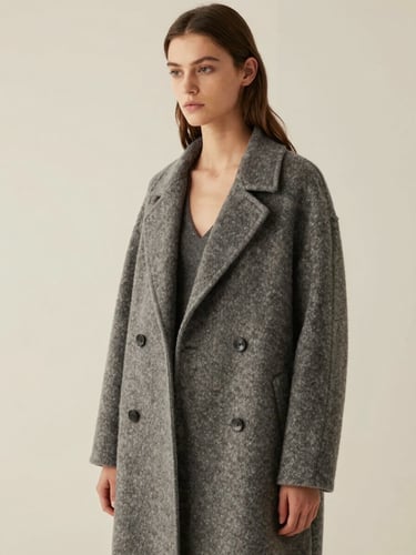 Model wearing an undyed wool cocoon coat, soft diffused north-facing daylight, minimalist cream background, editorial fashion photography.