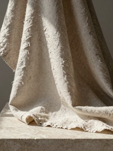 Extreme close-up of raw organic linen-silk fabric draped over a minimalist stone pedestal in soft morning daylight, casting delicate shadows.
