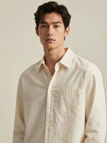 Model wearing a loose-cut rami shirt, soft diffused north-facing daylight, minimalist cream background, editorial fashion photography.
