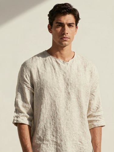 Model wearing an asymmetric organic linen tunic, soft diffused north-facing daylight, minimalist cream background, editorial fashion photography.