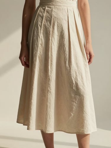 Model wearing an architectural pleated raw cotton skirt, soft diffused north-facing daylight, minimalist cream background, editorial fashion photography.