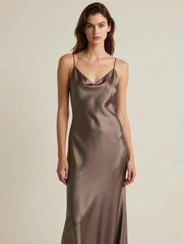 Model wearing a long peace-silk dress, soft diffused north-facing daylight, minimalist cream background, editorial fashion photography.