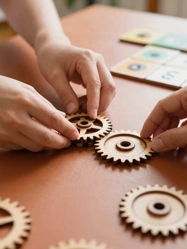 A warm, sunlit table with wooden STEM gears and board game pieces, hands adjusting a gear, shallow depth of field, rich terracotta tones