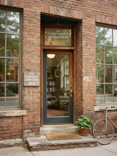 A quiet medium shot of a local learning center doorway, soft natural light reflecting off brickwork and glass, warm documentary style, 35mm film.