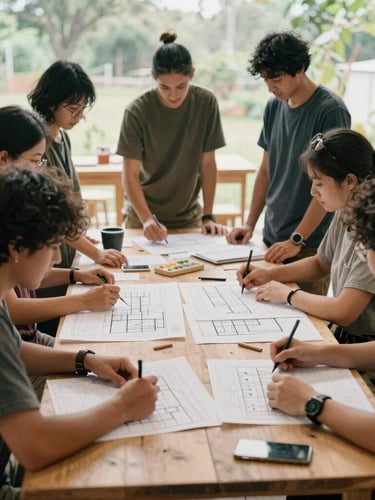 A wide environmental shot of a collaborative community workshop, people gathered around a wooden table with architectural plans, soft diffused natural daylight, rich muted earth tones, authentic 35mm film style.
