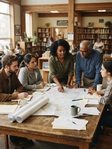 A wide-angle environmental photograph of a collaborative community workshop in a sunlit local library, diverse organizers gathered around a wooden table with architectural blueprints, soft diffused natural daylight, rich muted earth tones, 35mm film style.