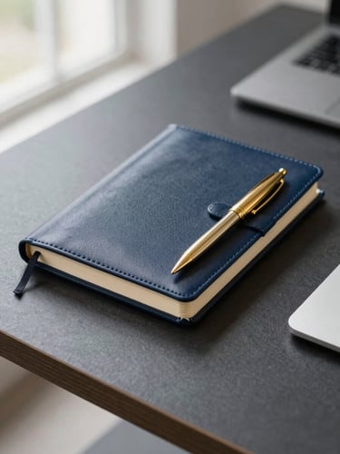 Clean professional office desk with a leather notebook and a gold pen, bright natural daylight, deep navy tones, editorial style, 35mm