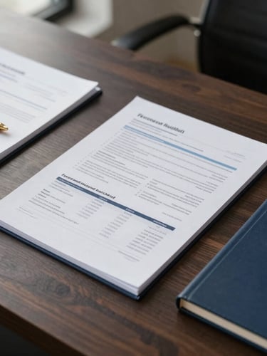 Clean overhead shot of a modern dark wood desk with structured financial documents, a gold pen, soft morning natural daylight, deep navy accents, professional 35mm photography