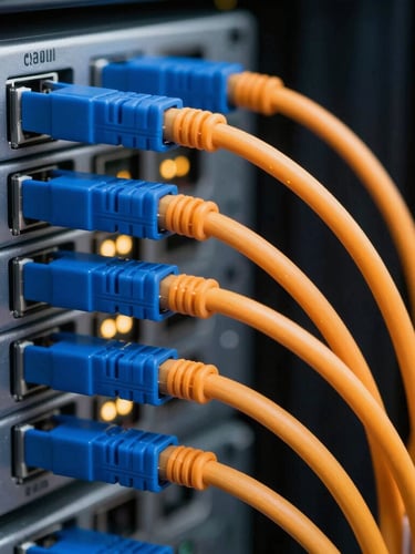 Crisp editorial macro shot of clean server rack cabling, structured blue and orange Ethernet lines, subtle hardware status lights glowing in a professional data center.