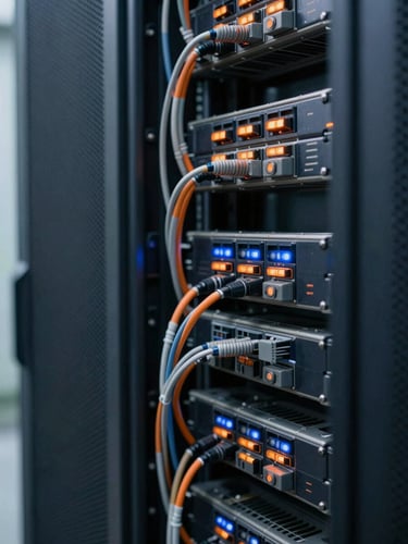 Macro shot of clean, high-density server rack cabling with subtle orange and blue status lights, crisp natural daylight, technical depth of field