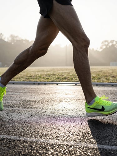 Low angle dynamic athletic photography of a runner's legs in motion on a wet asphalt track at sunrise, high contrast desaturated tones with neon green accents, 35mm lens