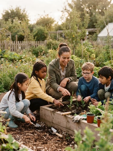 A local teacher guiding children through an outdoor science lesson under warm overcast daylight, medium shot showing authentic collaboration and agency