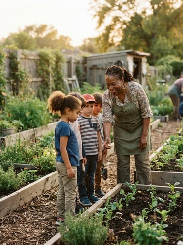 A medium shot of a local community leader guiding children through a newly planted community garden, warm golden-hour daylight, soft focus, rich earthy tones, 35mm lens.