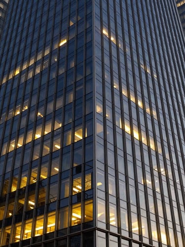 Singapore skyscraper at dusk, warm golden lights reflecting on glass, sophisticated corporate aesthetic.
