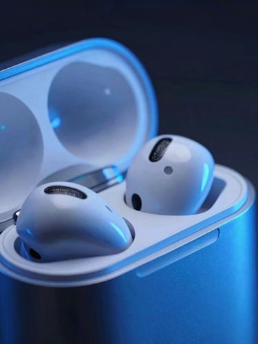 Extreme close-up macro shot of a sleek metallic wireless earbud charging case reflecting sharp neon-blue studio light, dark obsidian background, high-key reflections