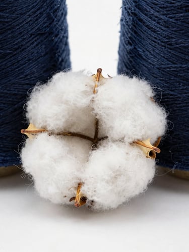 Close-up macro shot of organic cotton fibers and recycled yarn spool, bright clean natural daylight, high contrast texture, premium corporate photography