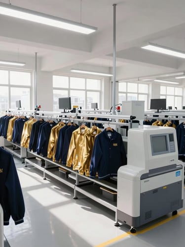 An architectural wide shot of a clean, highly organized apparel production line with modern machinery and bright daylight streaming through windows.