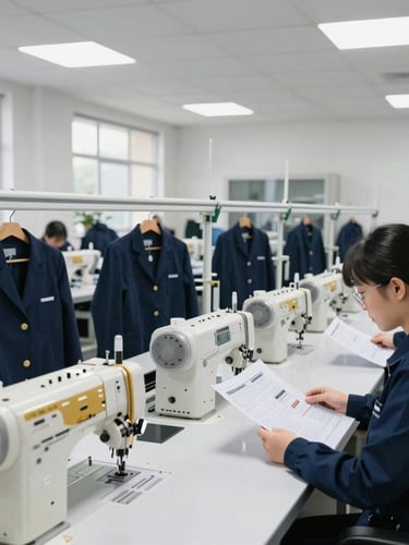 Bright, clean, modern apparel factory interior with organized production lines, high-end sewing machinery, professional inspectors reviewing technical spec sheets under natural daylight.