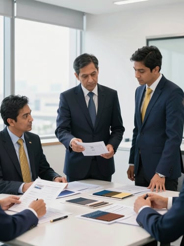 A clean, bright corporate office meeting in Dhaka, professional procurement officers reviewing technical apparel spec sheets and fabric samples under natural daylight, editorial style.
