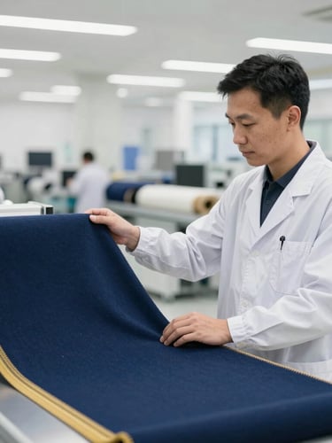 A professional quality control inspector in a bright, modern textile facility checking a deep navy knit fabric under clean daylight, medium shot.