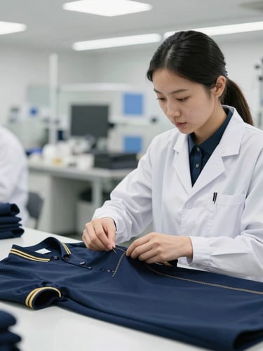 A professional quality control inspector in a bright, clean apparel facility meticulously examining the stitching of a navy blue garment under clear studio lighting.