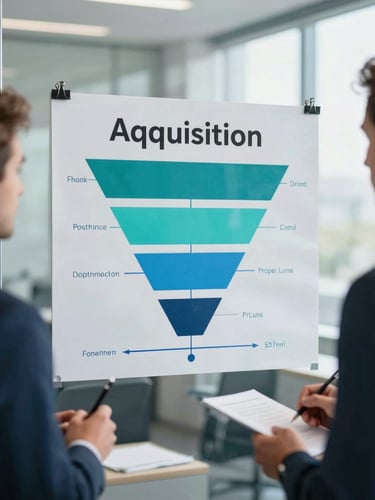 Focused professionals whiteboarding an acquisition funnel layout on a glass wall, cool natural daylight, sharp focus, 35mm lens.