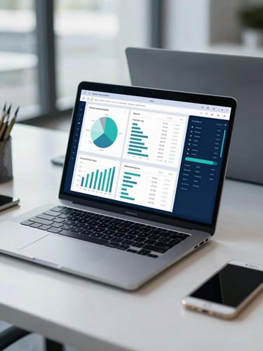 Crisp editorial photography of a clean modern tech workspace in cool natural daylight, showing a laptop with analytics dashboards, deep blue tones, sharp focus, 35mm lens.