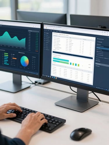 A collaborative workspace with clean desktop setups, dual monitors showing analytics dashboards, cool daylight, sharp focus.