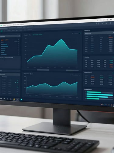 Crisp editorial photo of a clean desktop setup with a large monitor displaying real-time analytics dashboards, cool natural daylight, deep blue tones.
