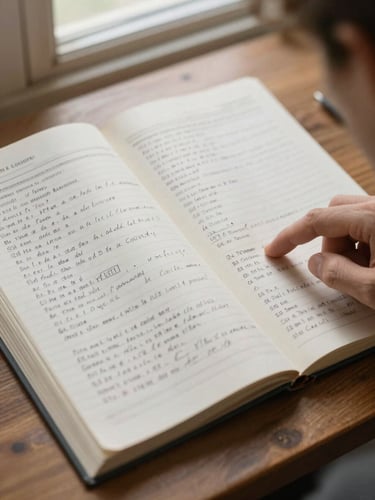 Close overhead shot of an open county ledger spread flat on a wooden table, handwritten entries visible in faded ink, a researcher's finger pointing to a margin notation, diffuse morning window light, no filters