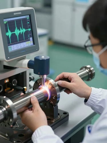 A quality inspector in cleanroom uniform using a high-precision ultrasonic flaw detector on a steel axle weld, screen displaying wave patterns, sharp focus.