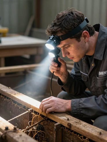 High-contrast macro shot of a professional technician in clean branded charcoal gear using a bright headlamp beam to inspect a historic Oakland craftsman foundation crawlspace, early morning light.