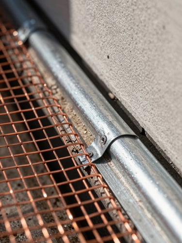 Close-up of high-grade exclusion materials including heavy-duty copper mesh and steel flashing being secured to a subfloor vent, high-contrast crisp daylight.