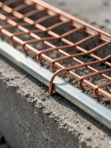 Macro shot of heavy-duty copper mesh and steel flashing installed tightly into a concrete foundation gap, high-contrast early morning light.