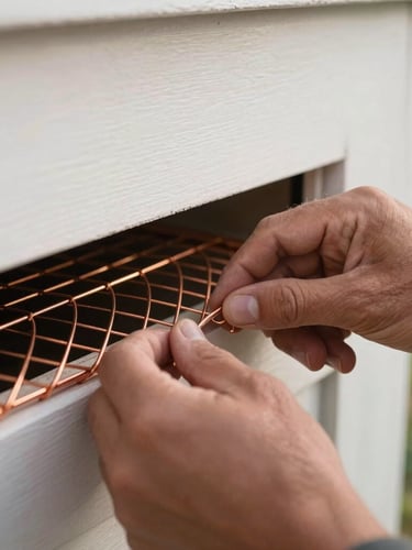 Macro close-up of a technician's hands installing heavy-duty copper mesh into a crawlspace vent of an Oakland craftsman home, sharp focus, early morning daylight.