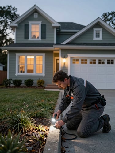 Crisp early morning shot of an Oakland craftsman home exterior, a professional technician in branded charcoal gear inspecting the foundation line with a flashlight.