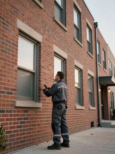 Wide shot of a professional technician in clean charcoal utility gear inspecting the exterior brickwork of an Oakland multi-unit residential building, early morning daylight.