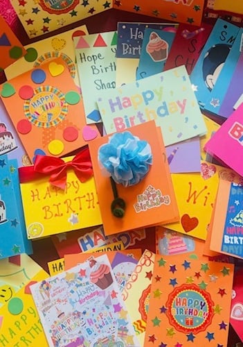 Birthday cards created by Truman for the amazing seniors who participate in MIFA's Meals on Wheels program